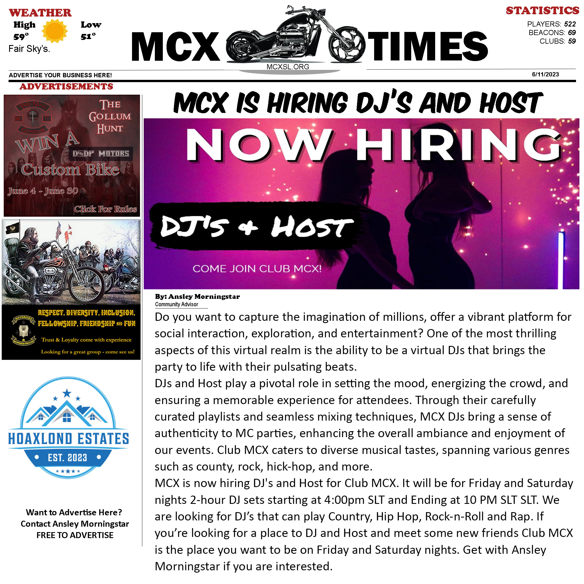 MCX NOW HIRING DJ'S AND HOST